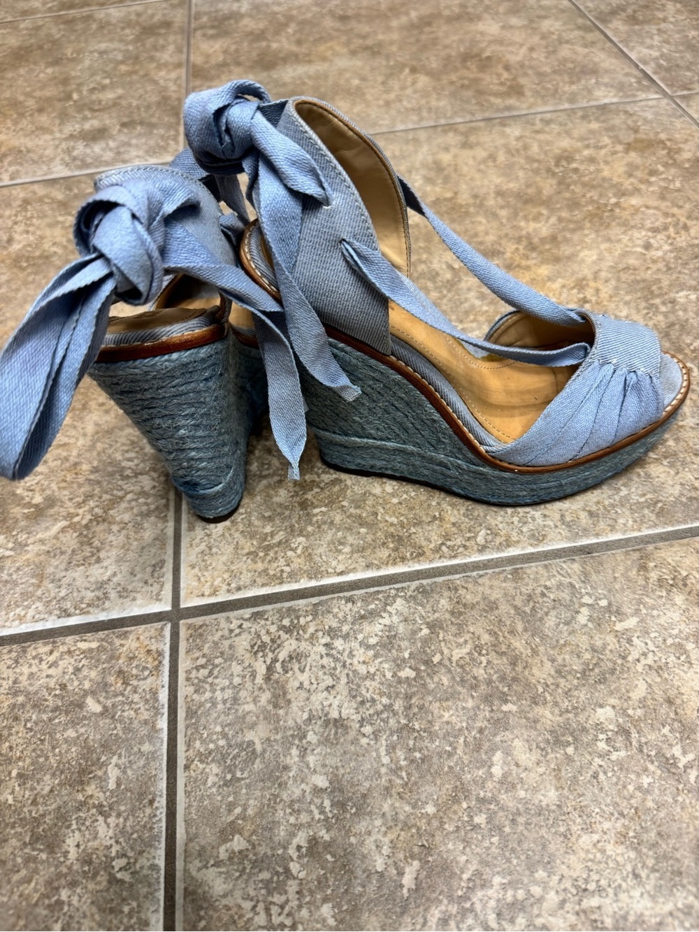 SCHUTZ Light Blue Denim Peep-Toe Wedge Sandals with Ankle Wraps - Picture 8 of 11